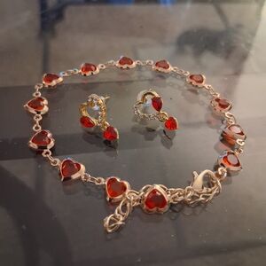 Elegant Heart-Shaped Red And Gold Tone Jewelry Set